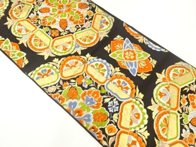 JAPANESE KIMONO / ANTIQUE FUKURO OBI / SILK / WOVEN FLORAL CREST